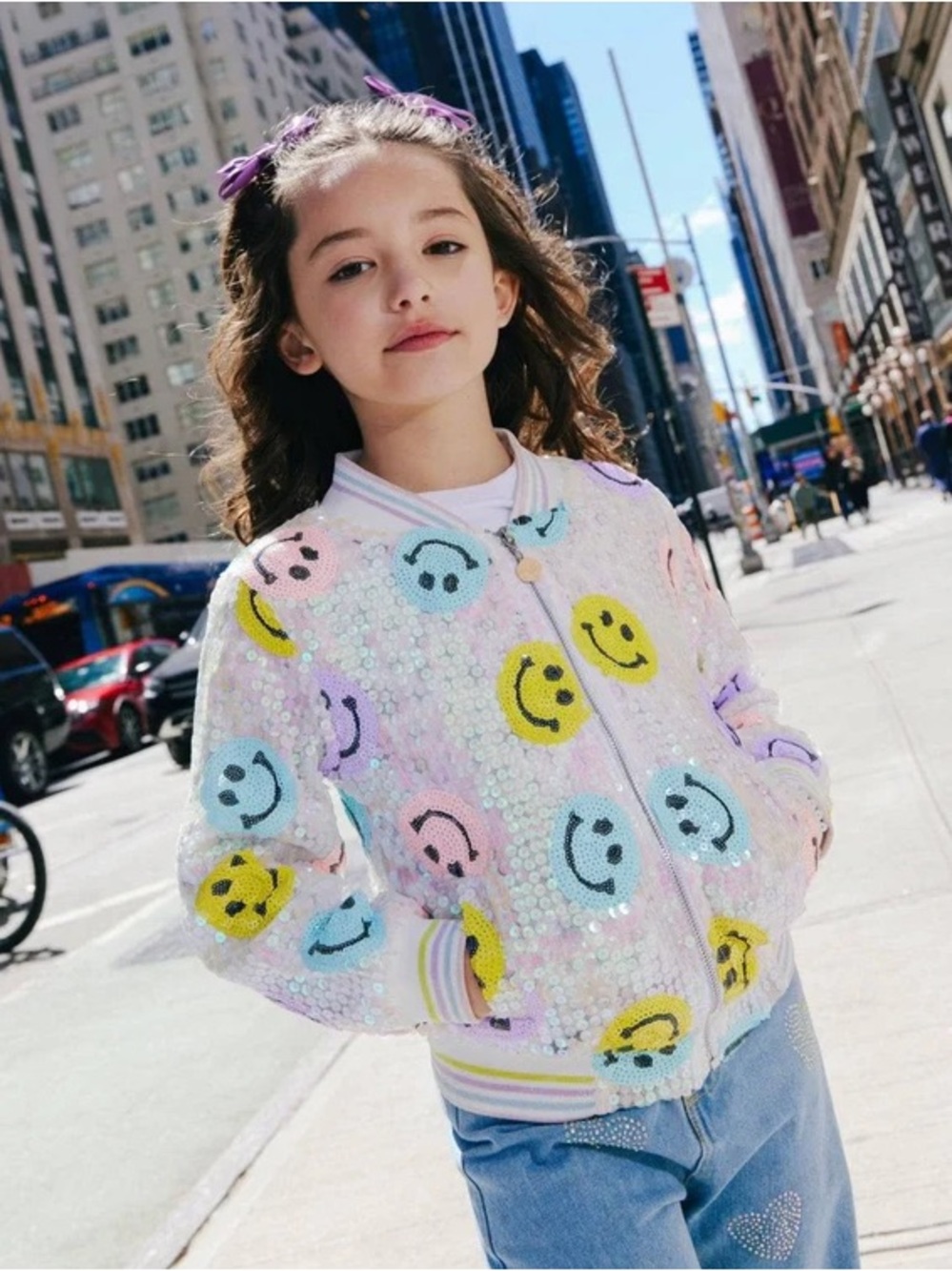 Lola + The Boys Pastel Sequin Smiley Bomber Jacket